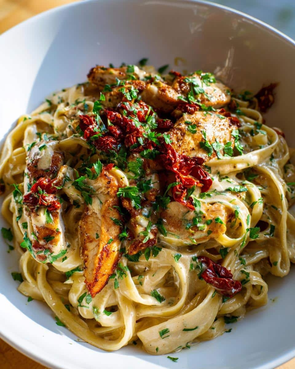 Fettuccine Alfredo with Chicken and Sundried Tomatoes - detail 1